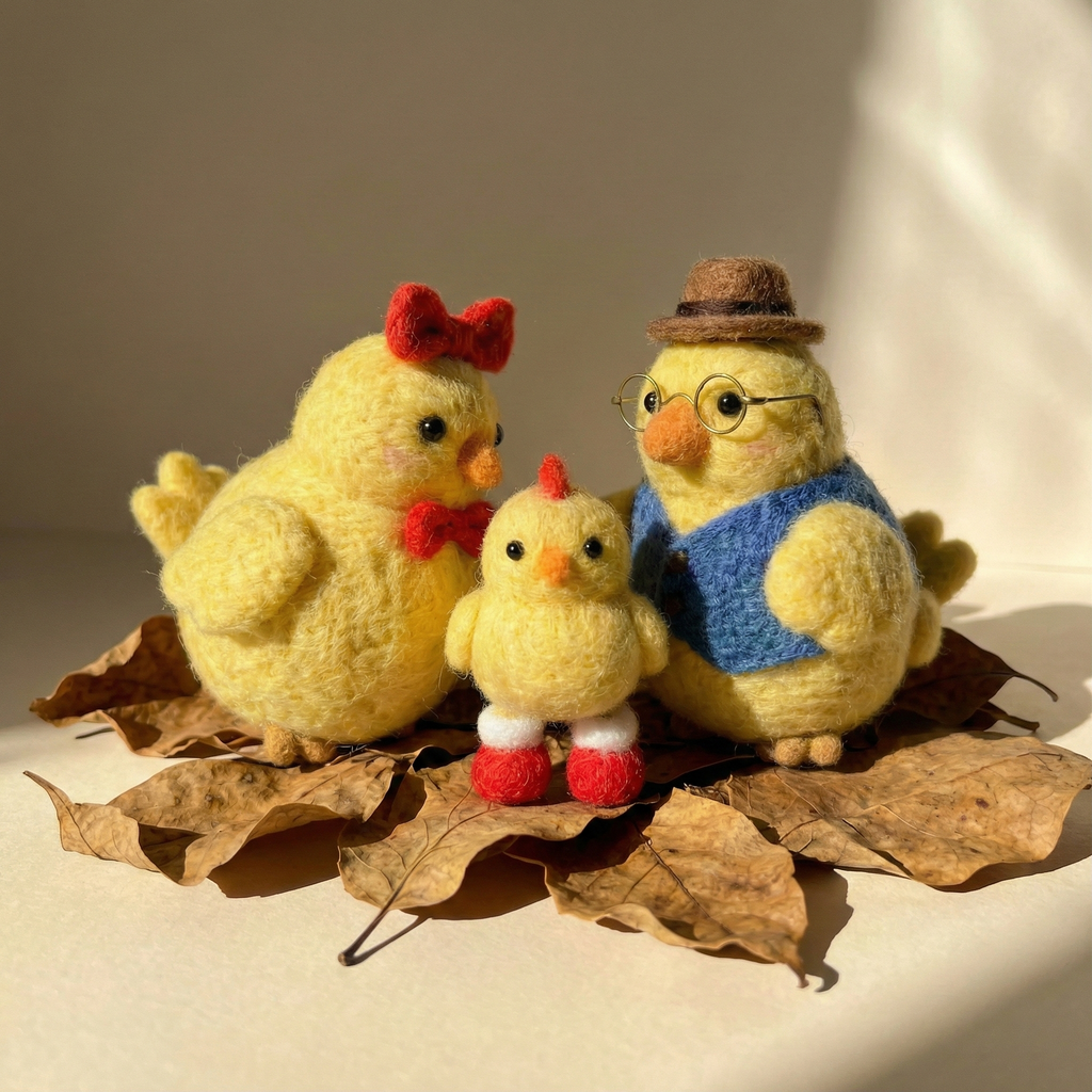 Finished Product: Complete Chicken Family Needle Felted Set - Handmade Mama, Gentleman & Baby Chick